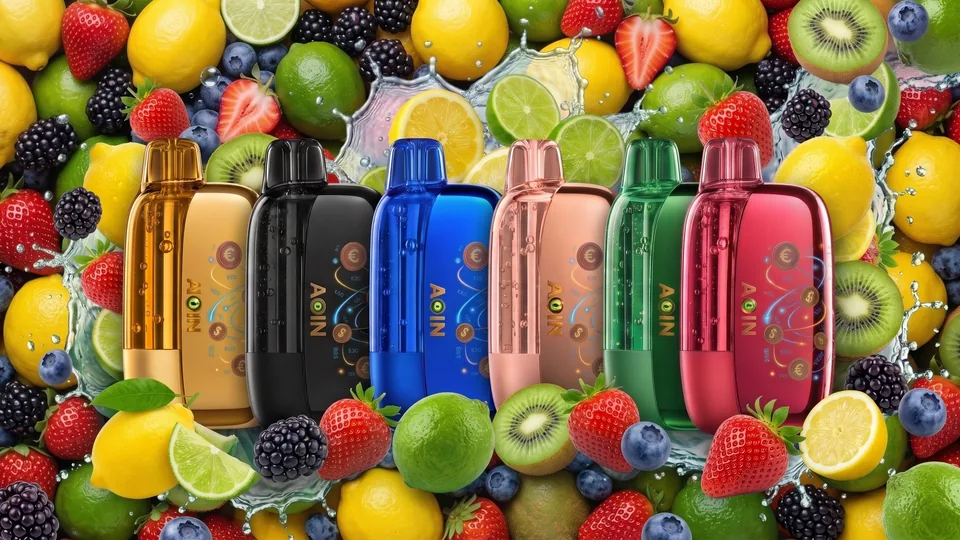 Six colorful AOIN products surrounded by fruit